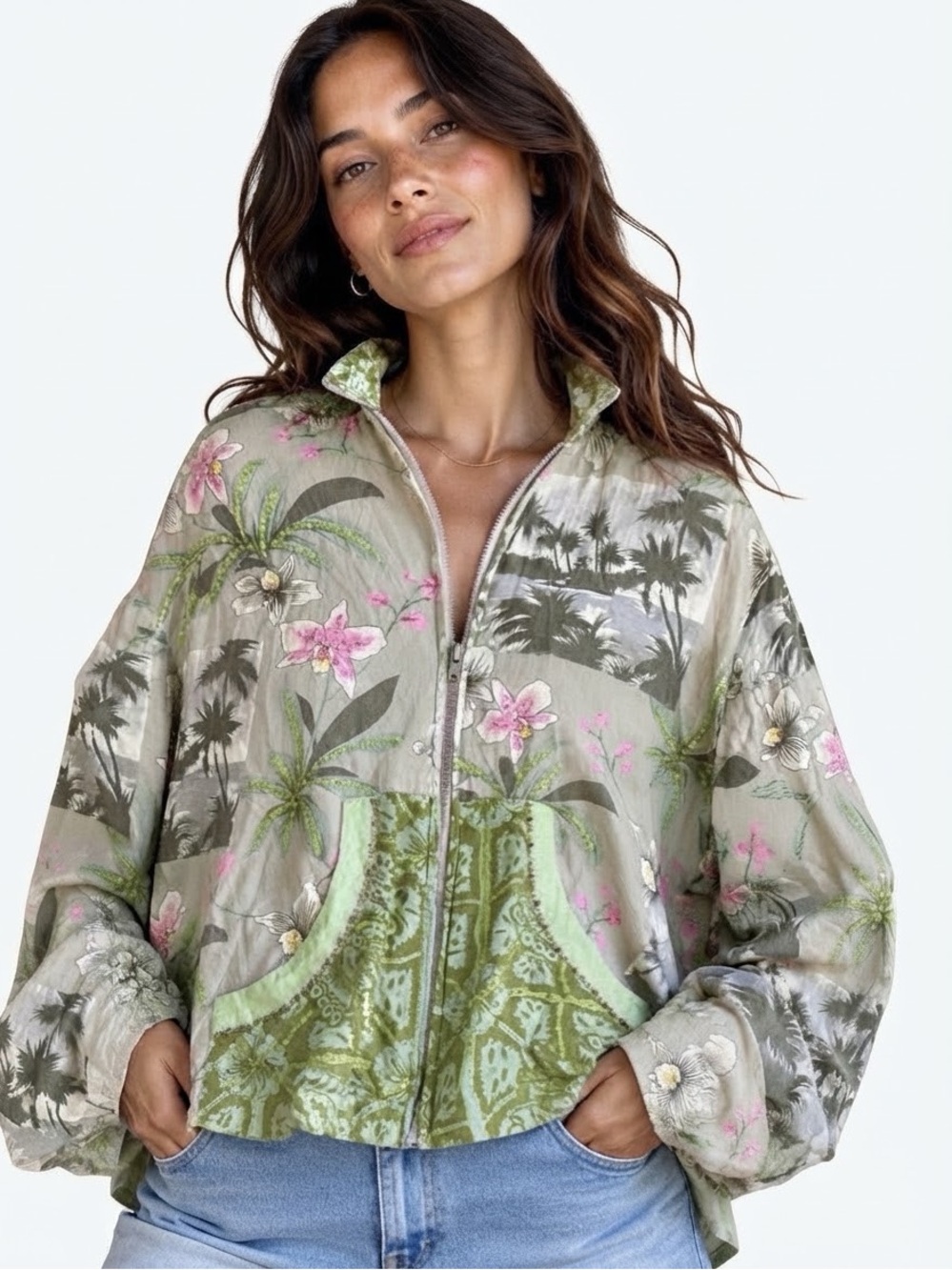 Vanity Collection Floral Hooded Bomber Jacket in Sage and Pink